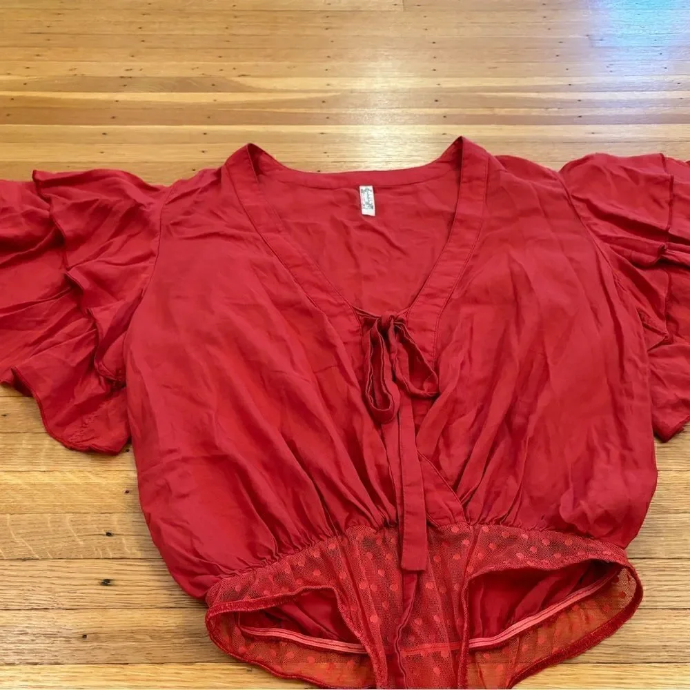 Free People Intimately Red Short Sleeve Blouse Bodysuit